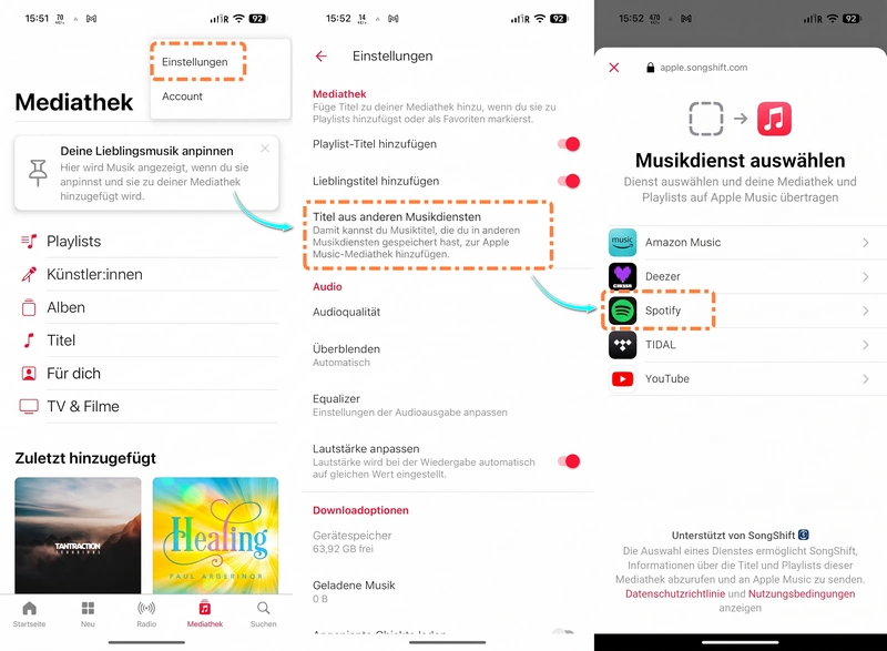 Spotify als Quelle für die Playlist-Übertragung auswählen