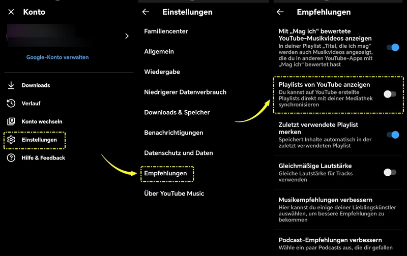 Option Playlists von YouTube anzeigen in YouTube Music deaktivieren