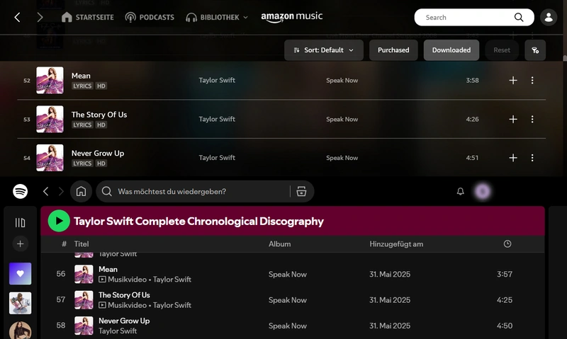 Songvergleich bei Amazon und Spotify