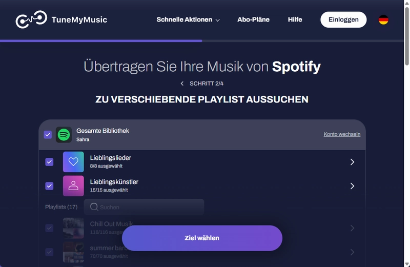 Spotify Playlist in TuneMyMusic auswählen