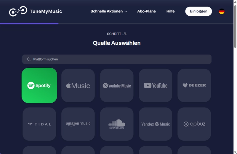 Spotify als Quelle in TuneMyMusic auswählen