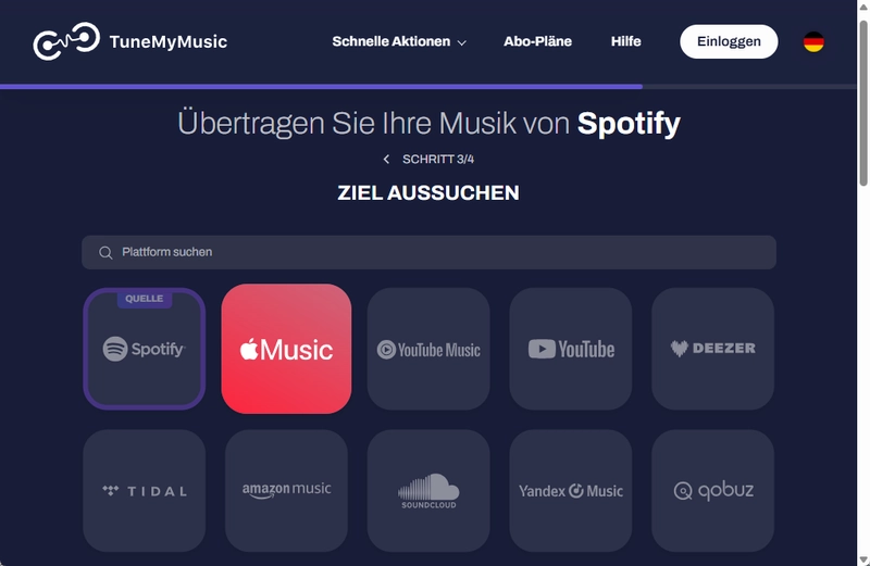 Apple Music als Ziel in TuneMyMusic auswählen