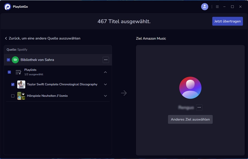 Spotify-Playlist in PlaylistGo auswählen und bei Amazon Music anmelden