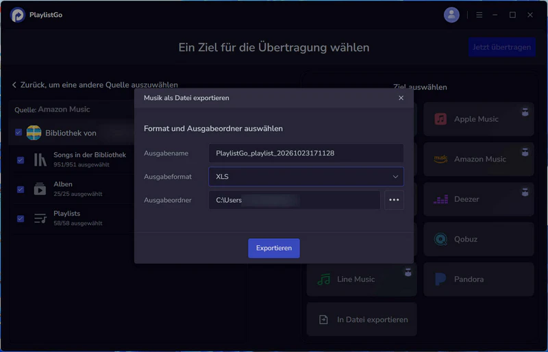 Exportformat für Amazon Music Playlists wählen