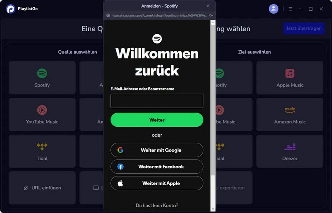 Schritt 1: Quellplattform auswählen
