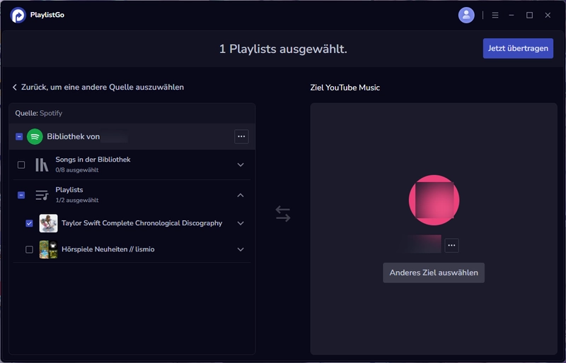 Spotify-Playlist auswählen und bei YouTube Music anmelden
