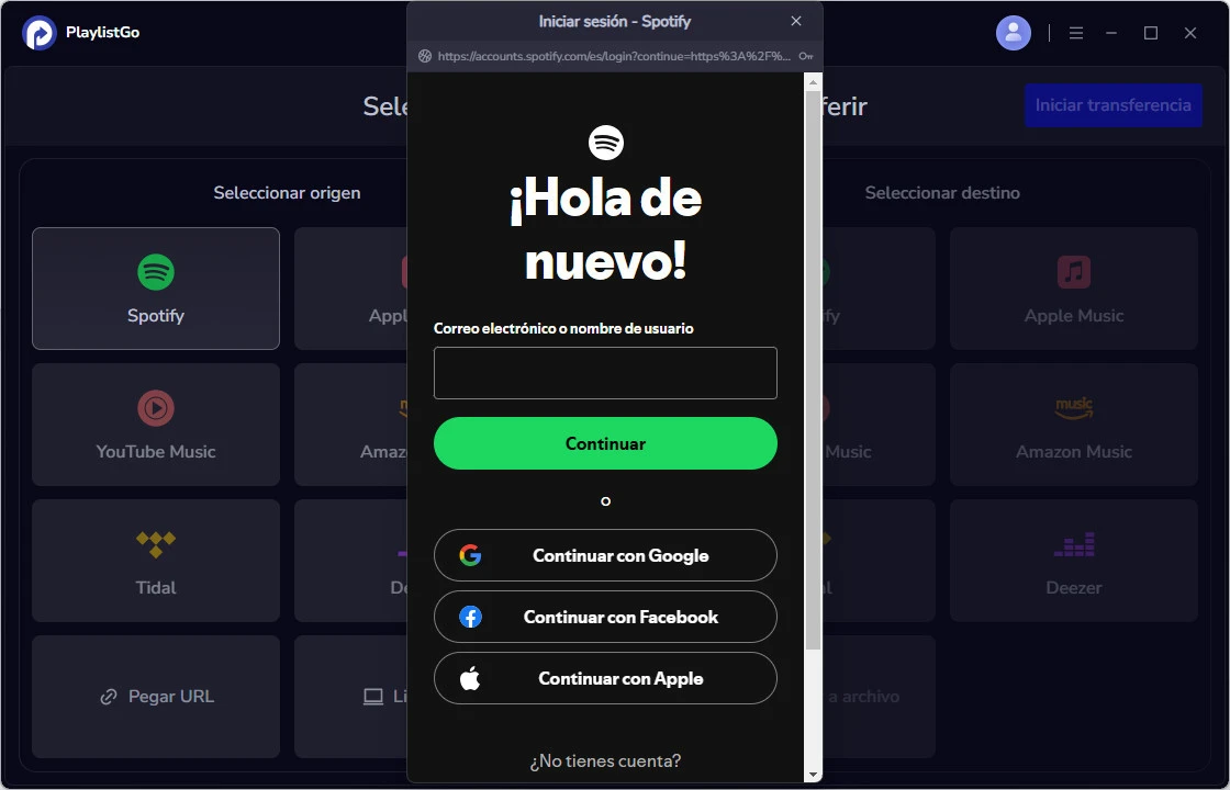 Selecciona Spotify como plataforma de origen