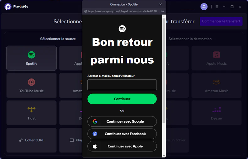 Étape 1 : Sélectionner Spotify comme plateforme source