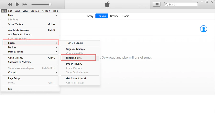 Export Apple Music library manually via File > Library > Export Playlist