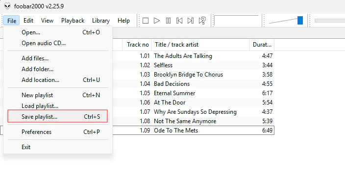 Foobar2000 File menu with Save Playlist option highlighted