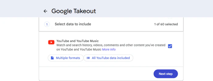 Select YouTube and YouTube Music in Google Takeout