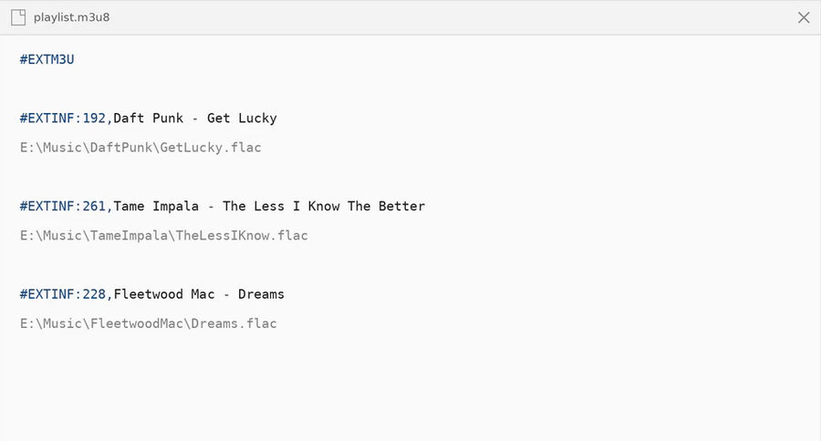 M3U file with #EXTINF tags showing song title and artist