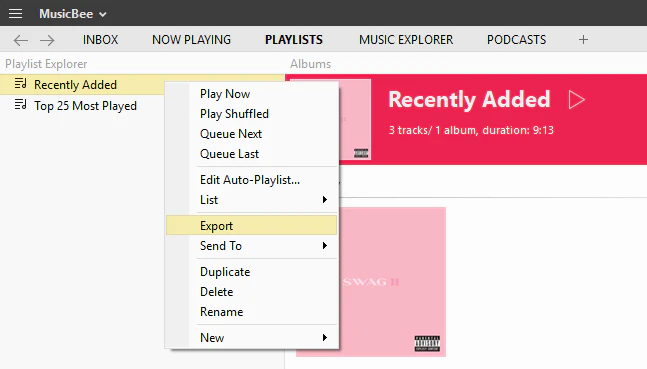 MusicBee playlist context menu with Export option highlighted