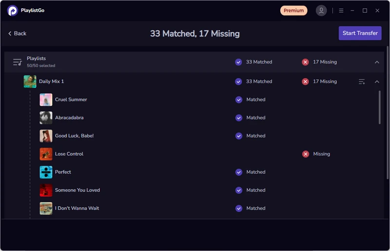 match playlist songs to transfer