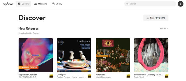 Qobuz Discover page showing the handpicked New Releases editorial album grid
