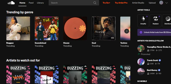 SoundCloud streaming interface showing remixes and independent artist tracks