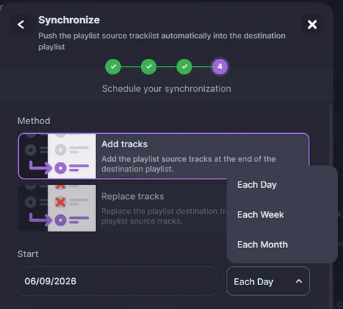 Soundiiz sync setup: schedule configuration