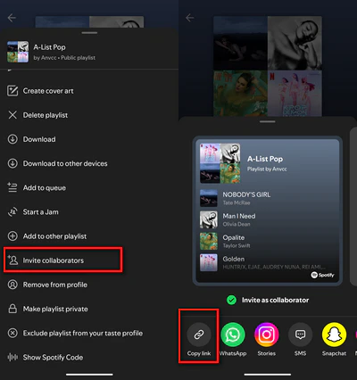 Invite collaborators option on Spotify mobile app for iPhone and Android