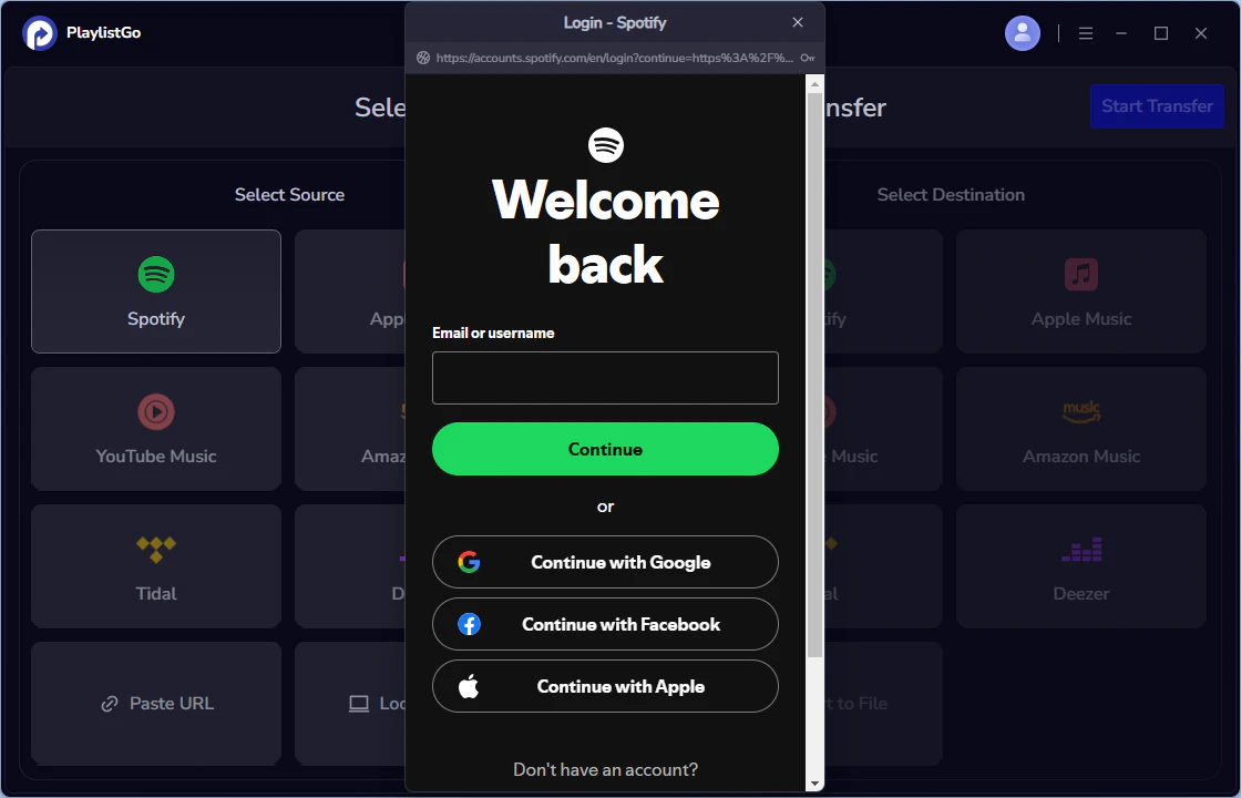 Step 1: Select Spotify as source and log in to your account in PlaylistGo