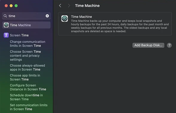Time Machine backup interface on Mac