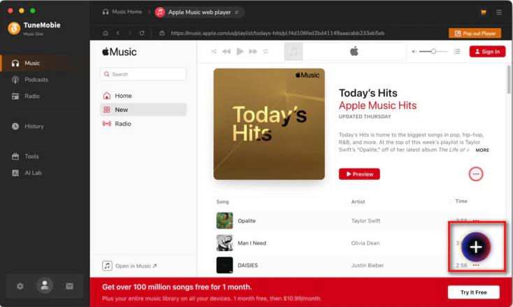 TuneMobie converting Apple Music tracks to MP3 and FLAC