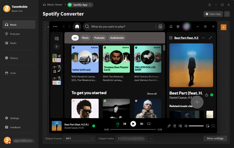 TuneMobie Spotify Music Converter interface showing a playlist queued for MP3 conversion