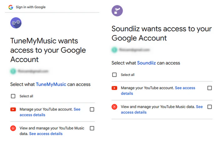 TuneMyMusic and Soundiiz OAuth permission comparison for YouTube Music