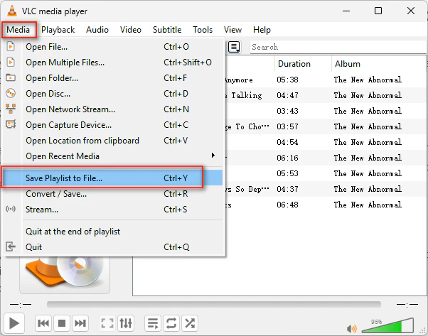 VLC Media Player Media menu with Save Playlist to File option highlighted