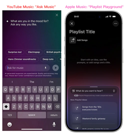 YouTube Music Ask Music and Apple Music Playlist Playground comparison