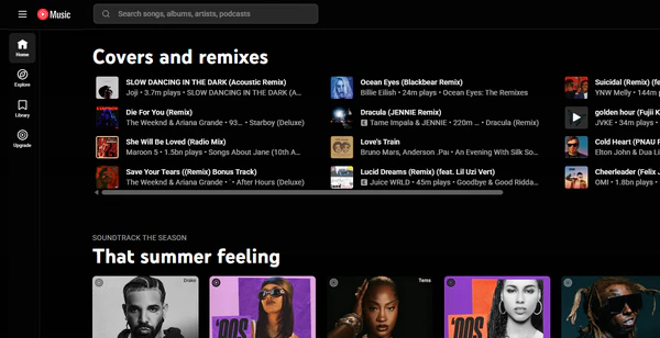 YouTube Music free ad-supported streaming interface with on-demand playback