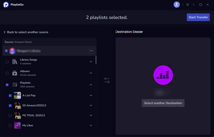 choose deezer as destination