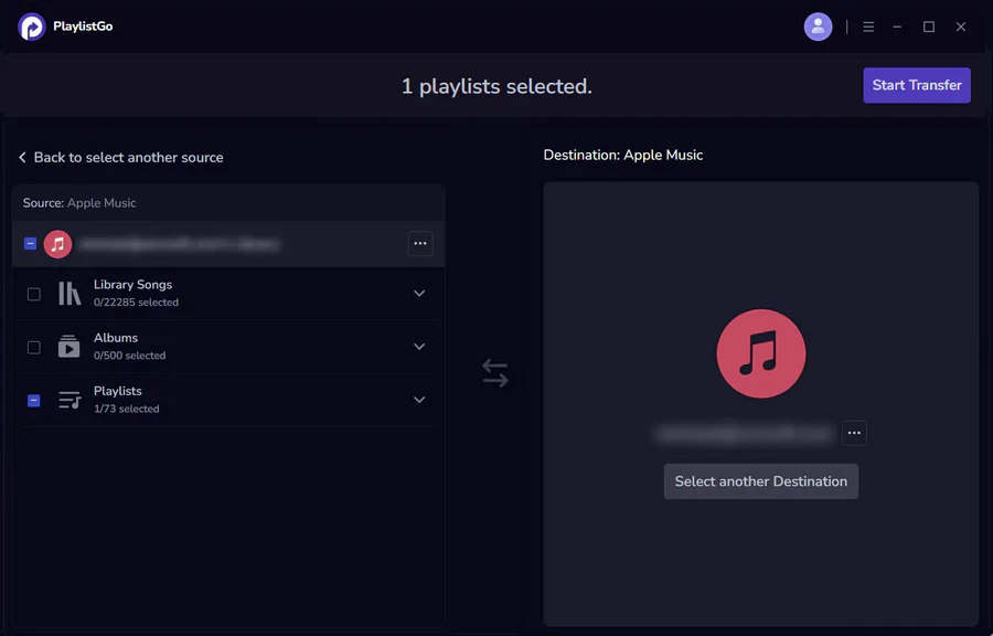 Select Apple Music playlists and liked songs to transfer in PlaylistGo