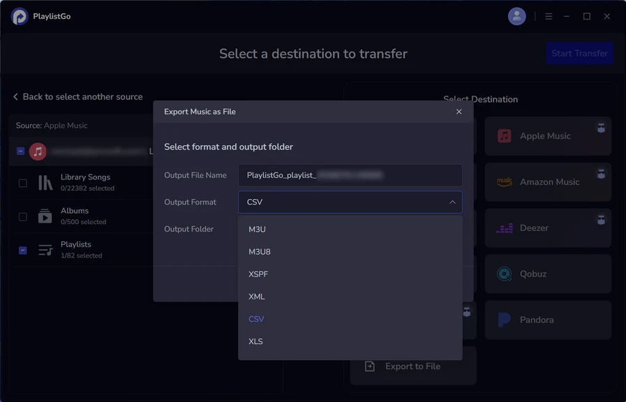 Select Export to File and choose CSV format in PlaylistGo