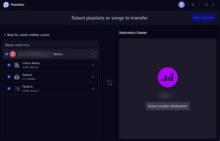 choose deezer as destination