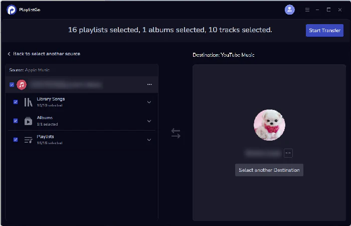 choose youtube music as destination