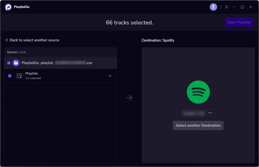 Select Spotify as destination platform in PlaylistGo