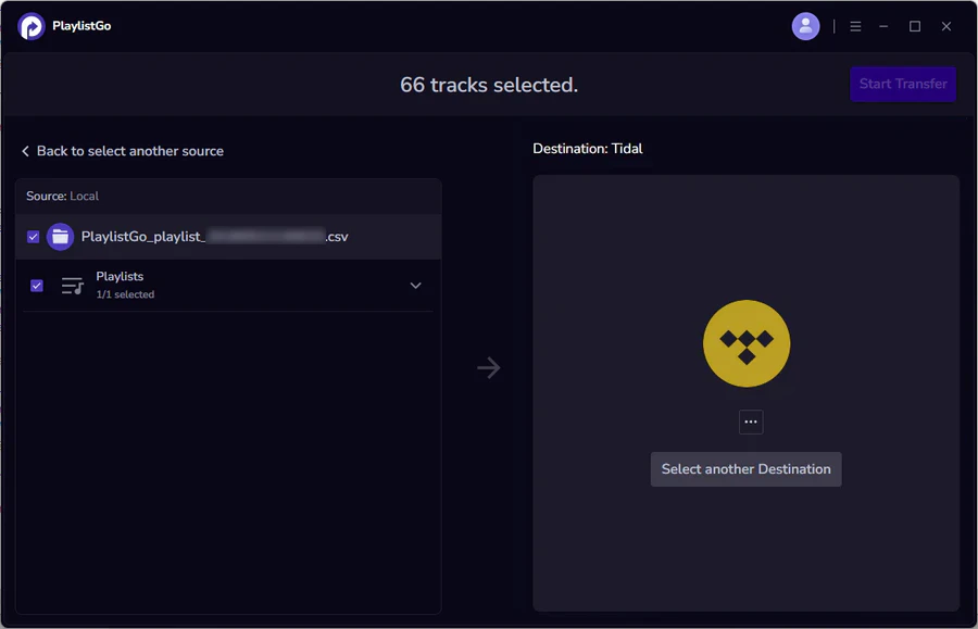 Select TIDAL as destination platform in PlaylistGo