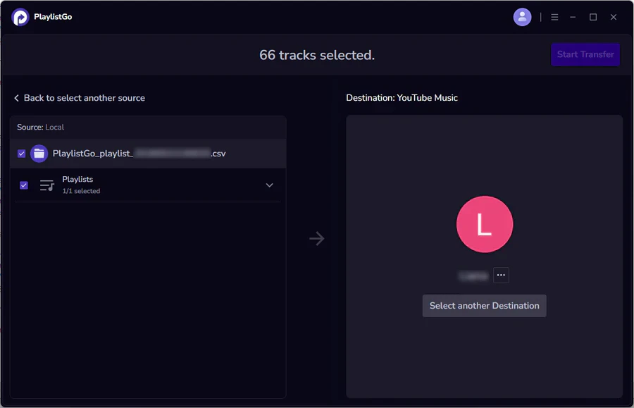 Select YouTube Music as destination platform in PlaylistGo