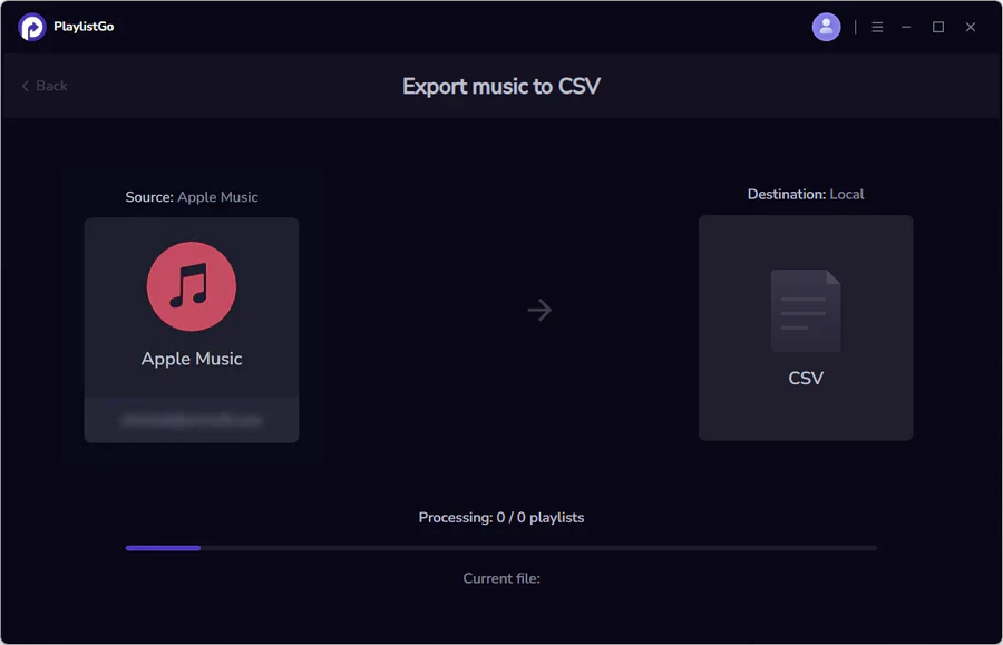 Start Transfer to export Apple Music library as CSV