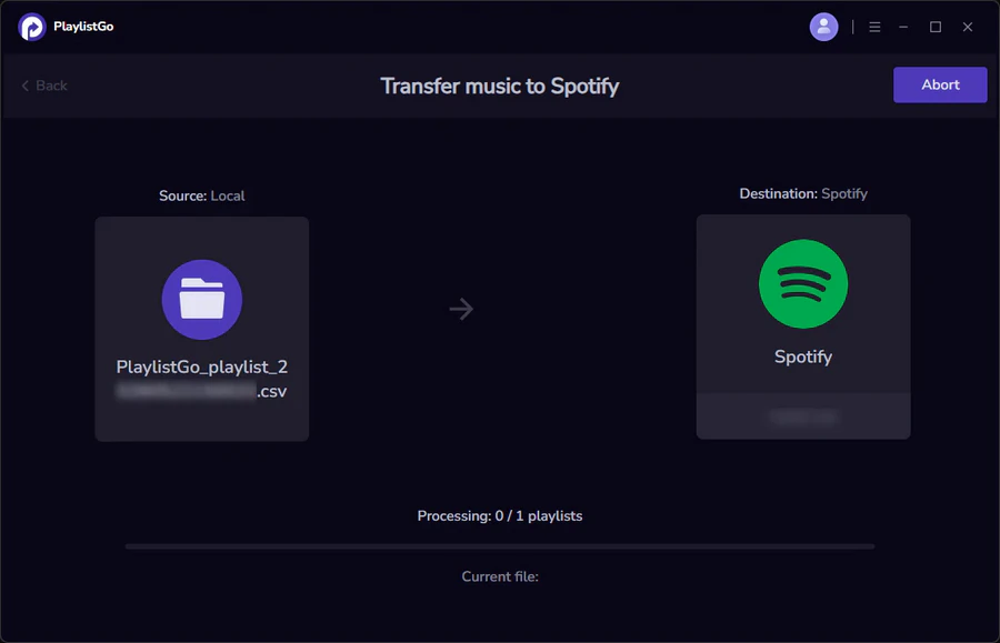 Start importing CSV playlist to Spotify using PlaylistGo