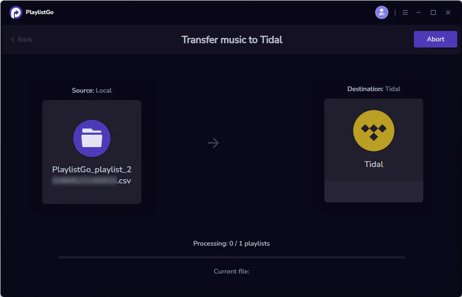 Start importing CSV playlist to TIDAL using PlaylistGo