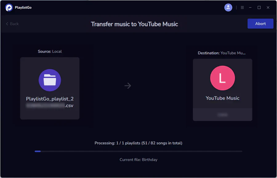 Start importing CSV playlist to YouTube Music using PlaylistGo