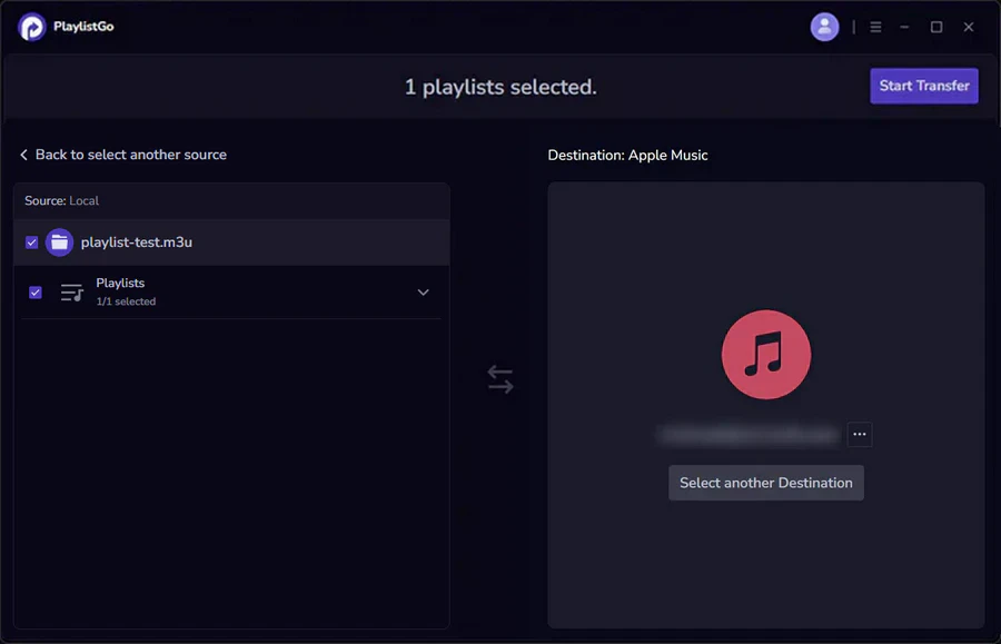 Select Apple Music as destination platform in PlaylistGo for M3U import