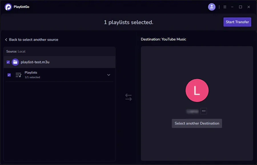 Select YouTube Music as destination platform in PlaylistGo for M3U import