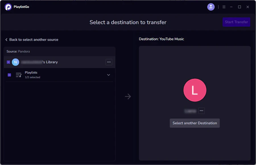 choose youtube music as destination