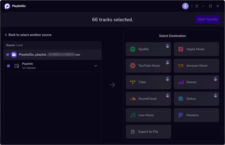 Select CSV file as source in PlaylistGo to import to Spotify