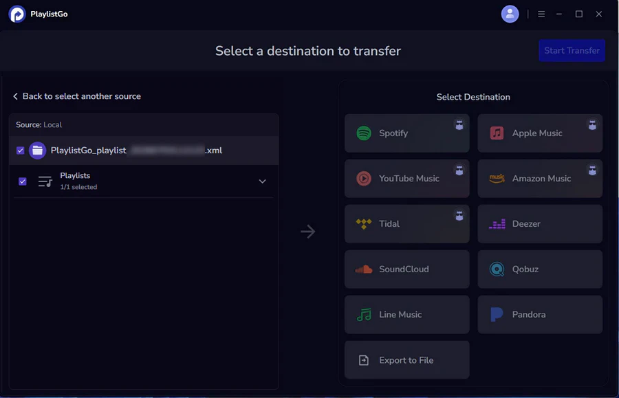 Select XML file as source in PlaylistGo to import to Spotify
