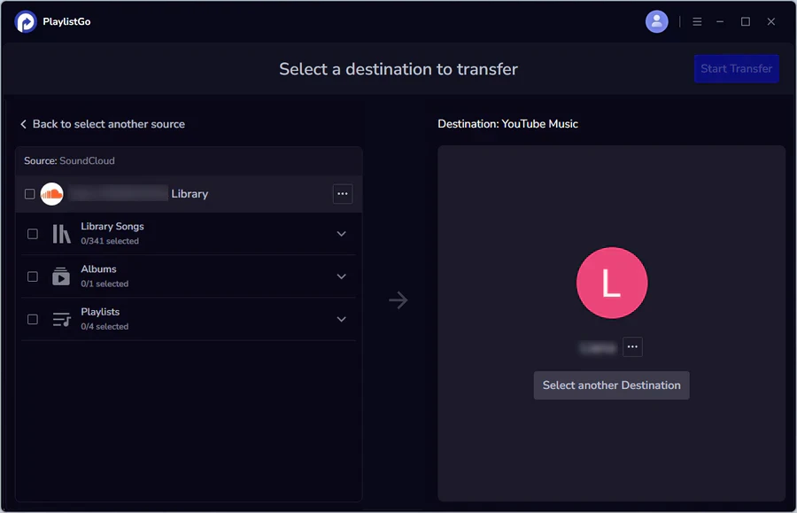 choose youtube music as destination