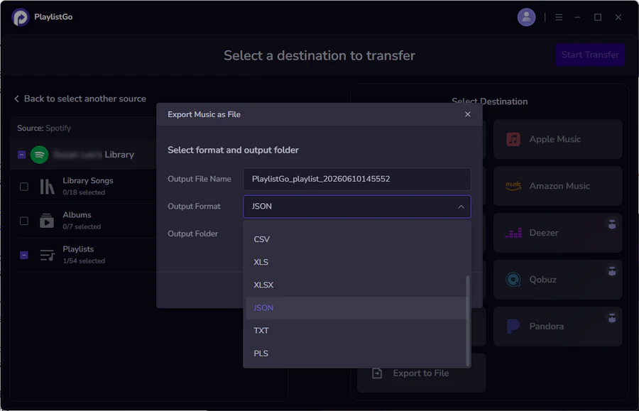 Select Export to File and choose JSON format in PlaylistGo