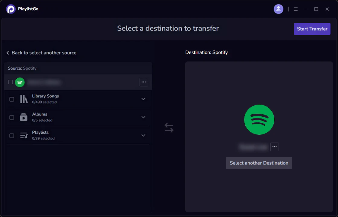 connect new Spotify account as destination in PlaylistGo